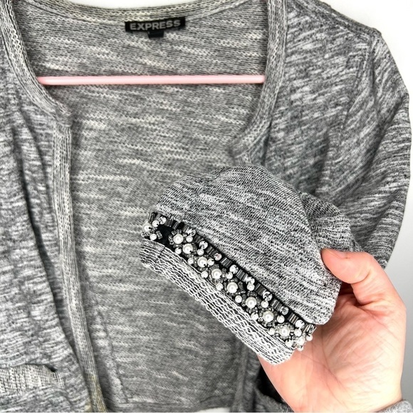 Express Gray Knit Beaded Cropped Cardigan 3/4 Sleeve Blazer Size Extra Small - Picture 7 of 12